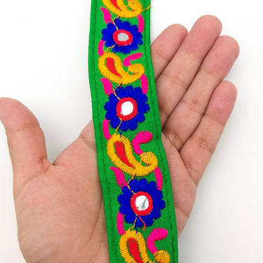 Green Floral Mirrored Trim With Royal Blue Flowers And Yellow Paisley Embroidery, Decorative Trimming, Trim By 3 Yards